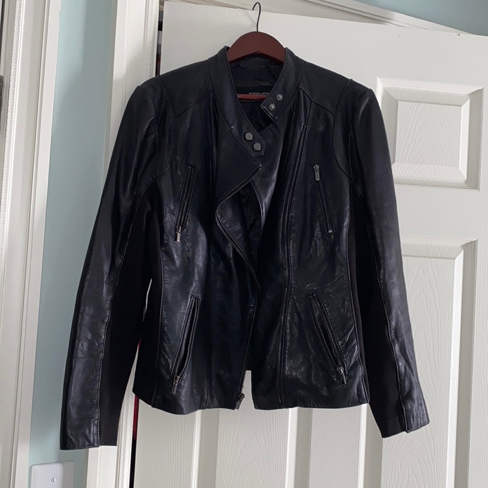 Wilsons Leather Black Knit Inset Moto Jacket
